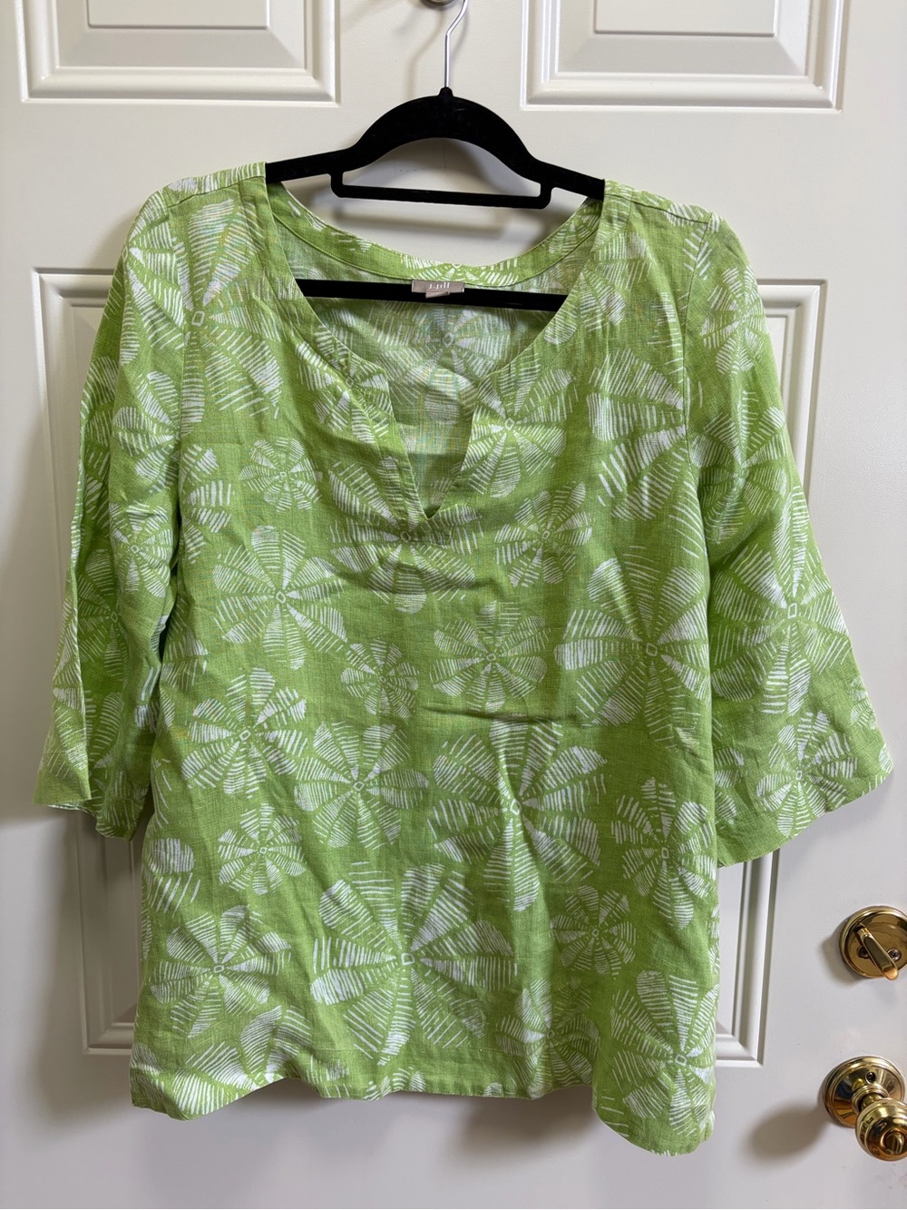 J. Jill Green Floral 100% Linen 3/4 Sleeve Tunic Blouse  Size L